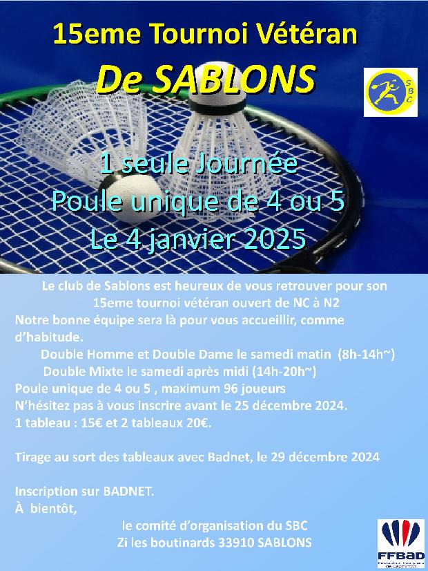 15eme Tournoi double Vétéran de Sablons